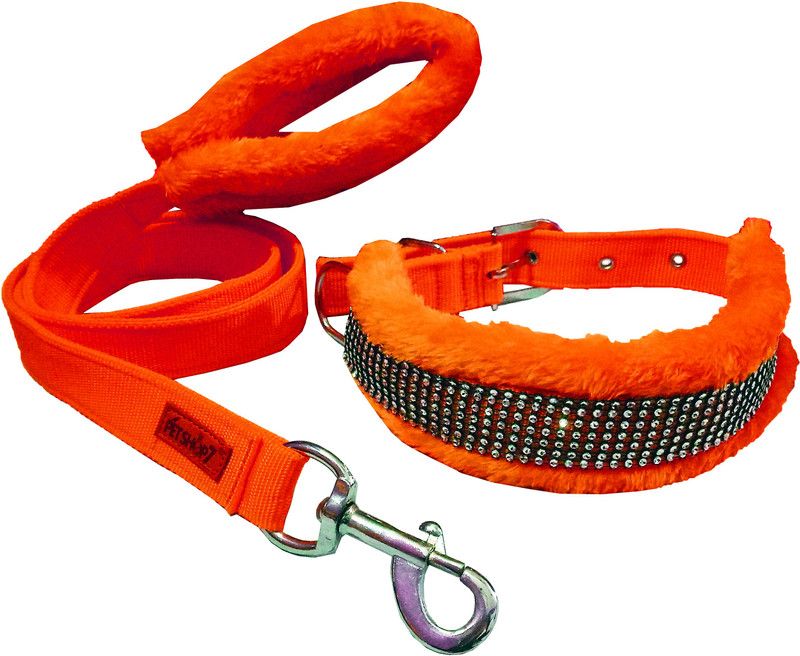 Petshop7 Premium Quality Nylon Peach 1.25 inch Fur Dog Collar and Leash (Neck Size : 18-24 inch) Large Dog Collar & Leash  (Large, Orange)