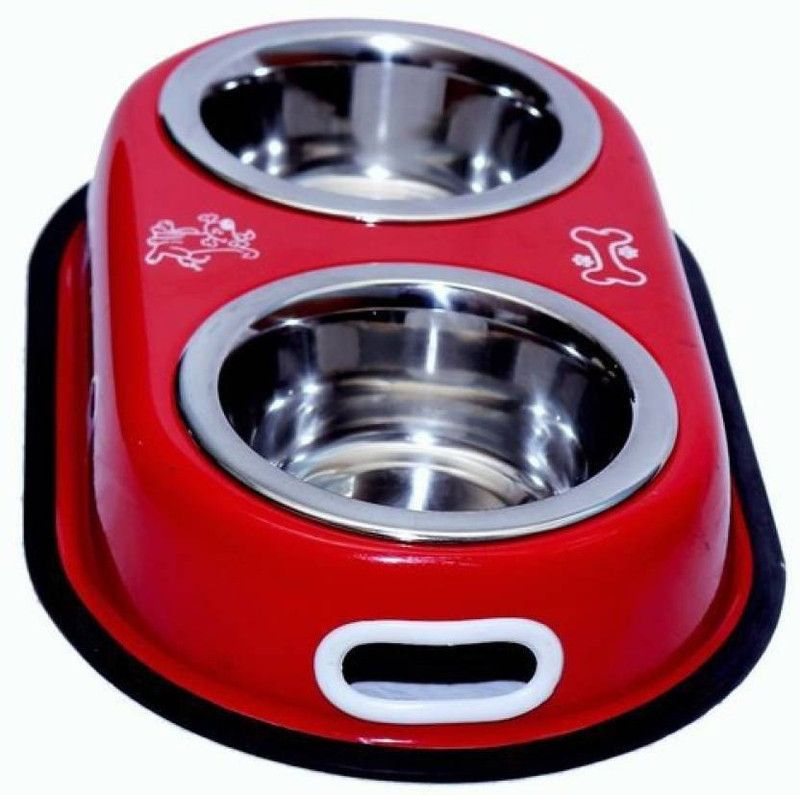 DCM PET MART Double dinner round bowl Stainless Steel Pet Bowl  (1800 ml Red)