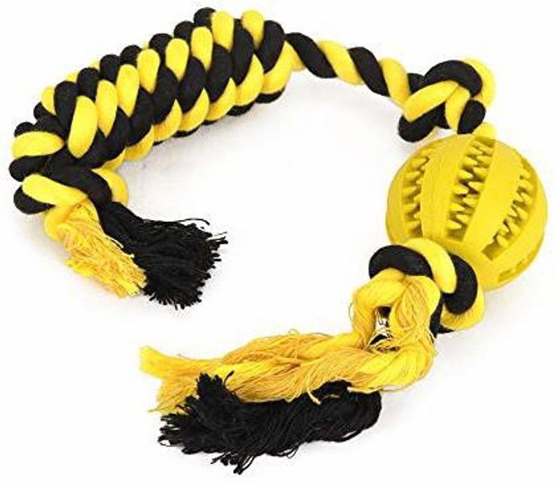 Emily Pets Rubber Ball with Rope (Yellow) Rubber, Cotton Chew Toy For Dog & Cat