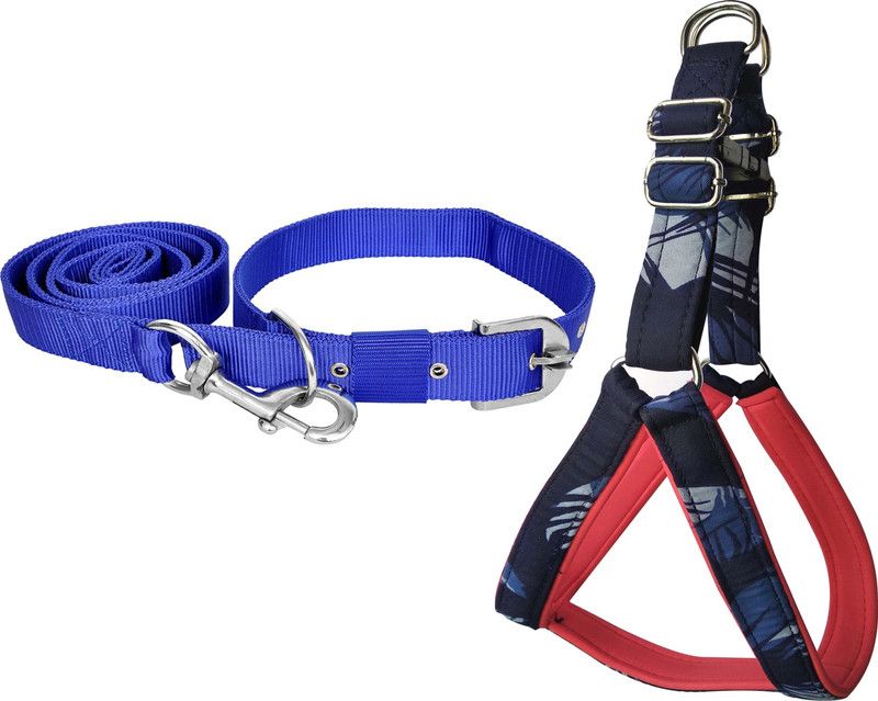 PEDIGONE Dog Belt Combo of 1 inch Blue Military Padded Dog Body Cross Harness with Blue Dog Collar Belt 1.5m Lengthy Dog Harness & Leash  (Medium, Multi-Color)