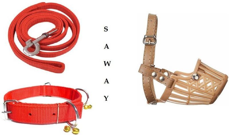 Pet N Perry PetNPerry Export Quality Dog Red Bell Collar,Lease & Brown Muzzle Medium Dog Collar & Leash  (Medium, RED, BROWN)