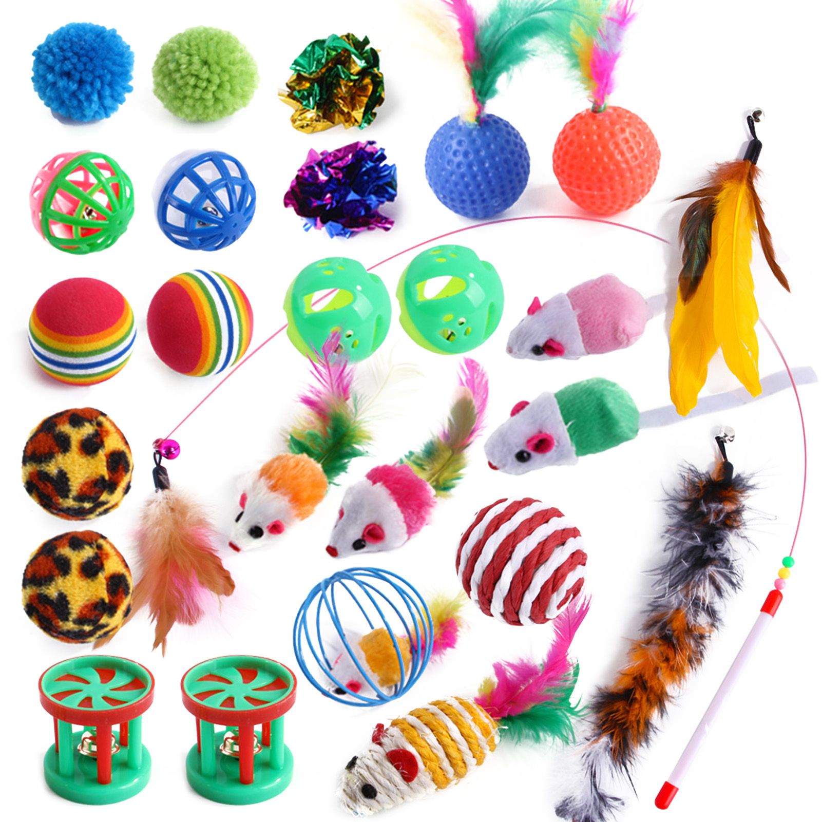 Cat Feather Toy with Balls Plush Rats Full Set Cat Teaser Squeak Toys