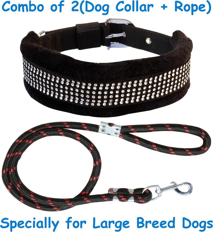 BODY BUILDING Dog Belt (Combo of 2) Padded Black Fur Dog Collar + Black Dog Lead Specially for Large Breeds Dog Collar & Leash  (Large, KFKL)