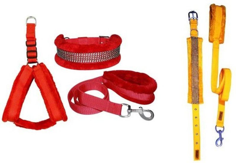 SAWAY Sway Export Quality Dog Red Furr Set Yellow Dimond Collar,Lease Large Dog NA Harness  (Large, RED)