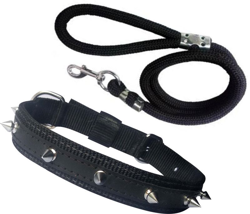 ADIOS High Quality Dog Belt Combo of Nylon Black Spike Collar with Black Lead 1.5m Lengthy Dog Collar & Leash  (Medium, Multi-Color)