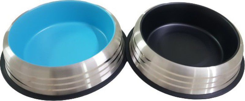 ELTON Set of 2 Colorful Belly Bowl extra Large (2730 ml) Round Stainless Steel Pet Bowl  (2730 ml Silver, Blue, Black)