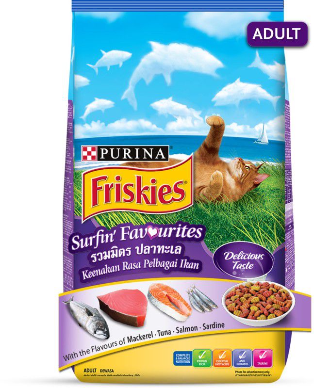 Purina Friskies Surfin' Favourites Adult Cat Food, Mackerel Tuna Salmon & Sardine Flavours Salmon 1.2 kg Dry Adult Cat Food
