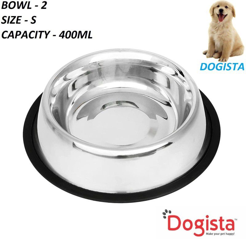 DOGISTA Non Tip Anti Skid Stainless Steel Dog Bowls with Removable Rubber Ring SIZE S Stainless Steel Pet Bowl  (400 ml Multicolor)