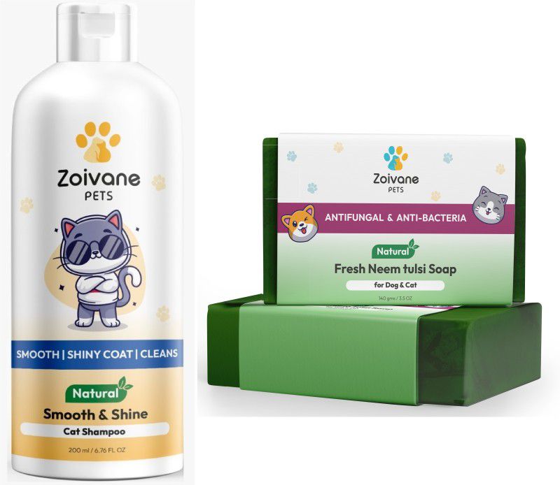 Zoivane Cat Smooth & Shine Shampoo and Neem Tulsi Soap for Pet | Aloe Vera | Combo Pack Allergy Relief, Anti-microbial, Conditioning, Whitening and Color Enhancing Vanilla and Almond Dog Shampoo  (700 ml)