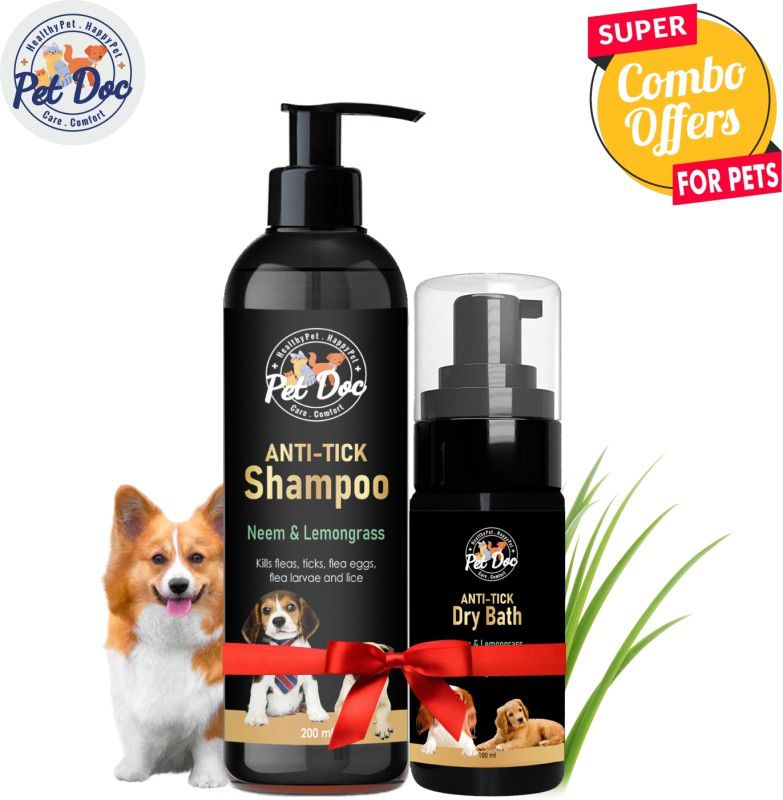Pet Doc Combo of Anti-Tick Shampoo 200ml + Dry Bath Foam Shampoo 100ml for Flea and Tick, Anti-parasitic Neem & Lemongrass, Dog Shampoo  (300 ml)