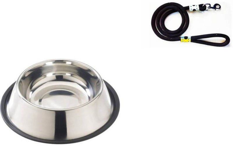 SAWAY Utility Combo Kit for Dogs/Pets ( 900ml Stainless Steel Feeding Plain Bowl + Rope Black ) Round Stainless Steel Pet Bowl  (900 ml Steel)