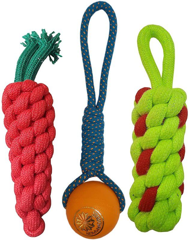 W9 Combo of 3 Durable Pet Teeth Cleaning Chewing Biting Knotted Small Puppy Toys -100% Natural & Safe Cotton Cotton Chew Toy For Dog & Cat