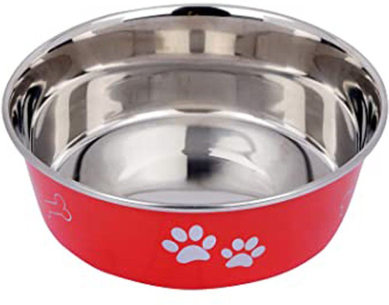 DOG WALA Stainless Steel Paw Bone Printed Food Feeding Bowl for Dogs & Puppies Round Stainless Steel Pet Bowl  (450 ml Multicolor)