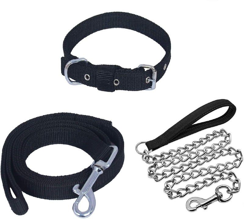 Quickato Combo Dog Chain Leash Collar & Belt Set Medium Dog Collar & Chain 150 cm Dog Chain Leash  (Silver, Black)