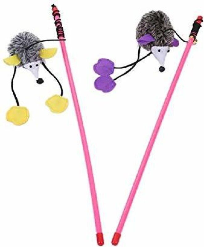 Woofy Feather Sound Hedgehog Cat Teaser Playing Stick, Combo of 2 Jute Fetch Toy For Cat
