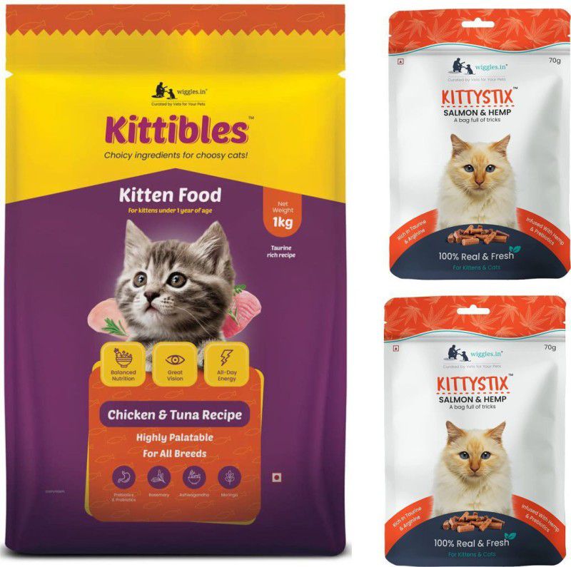 KITTIBLES KITTEN FOOD CHICKEN&TUNA RECIPE 1KG & KITTYSTIX SALMON&HEMP 70GM 2PAC Chicken, Tuna 1 kg Dry New Born Cat Food
