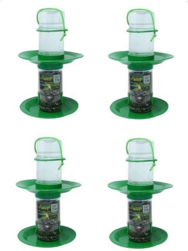AMIJIVDAYA Small 2 in 1 Bird Food and Water Feeder Double Decker Pack of 4 Window Bird Feeder Bird Feeder  (Clear, Green)