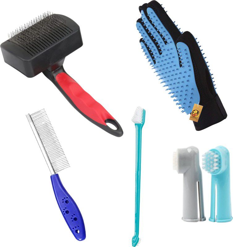FOODIE PUPPIES Combo of 4 Grooming kit & Deshedding Pack of Blue Glove, Red & Black Slicker, Single Side Comb and Toothbrush Basic Comb for Dog, Cat, Rabbit, Hamster, Horse