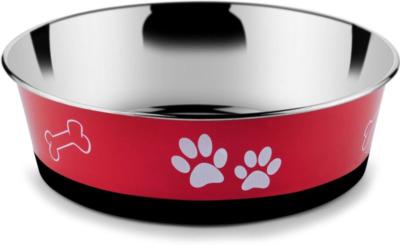 HM Steels HMSTEELS DOG BOWL HEAVY DISH BONDED WITH RED COLOR AND PRINTING 14 CM Round Stainless Steel Pet Bowl  (500 ml Red)