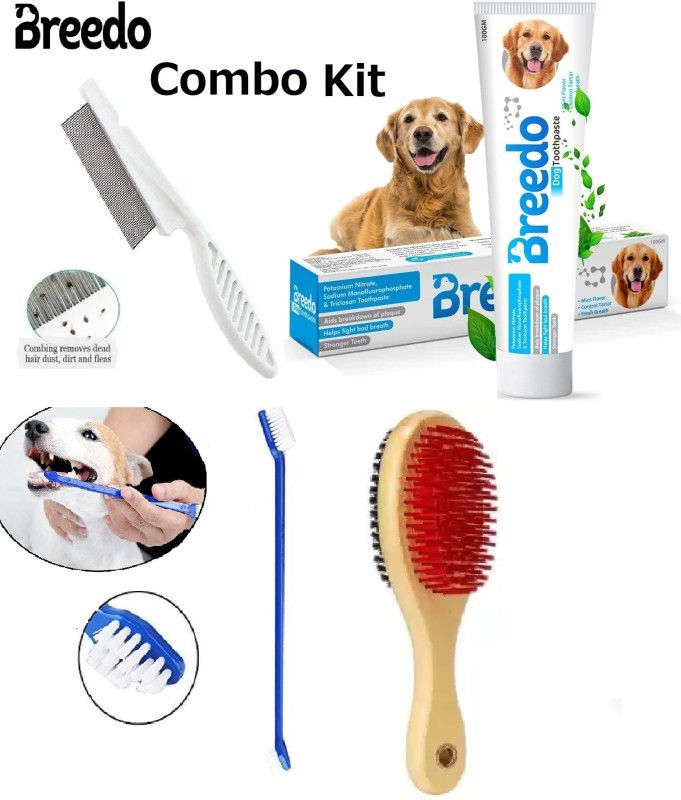 Breedo (Combo of 4)Dog Toothpaste + Teeth Brush + Comb + Wooden Brush For All Breed Dog Basic Comb for Dog & Cat, Dog, Monkey, Rabbit, Hamster