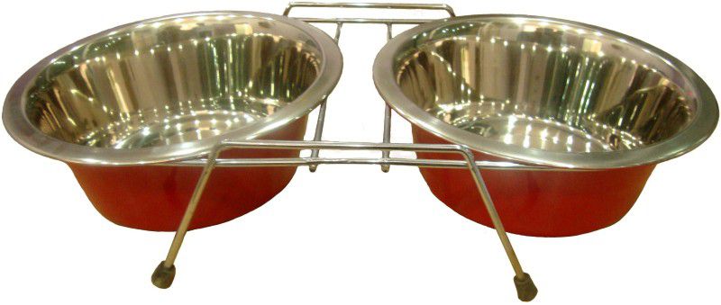HM Steels HMSTEELS PET DOG BOWL Wire DOUBLE DINNER IN RED COLOR WITH Stainless steel PET BOWL 1.5LTR*2 (21CM) Rectangular Stainless Steel, Iron Pet Bowl  (1460 ml Red)