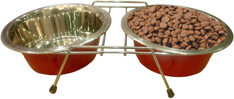 HM Steels HMSTEELS PET DOG BOWL WIRE DOUBLE DINNER IN RED COLOR WITH Stainless steel PET BOWL 2.5LTR*2 (25 CM) Rectangular Stainless Steel, Iron Pet Bowl  (2460 ml Red)