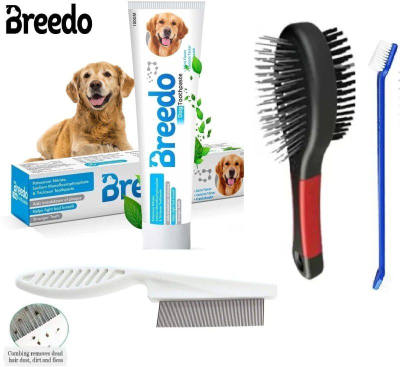 Breedo (Combo of 4) Dog Toothpaste + Teeth Brush + Comb + Hair Brush For All Breed Dog Basic Comb for Dog & Cat, Dog, Monkey, Rabbit, Hamster