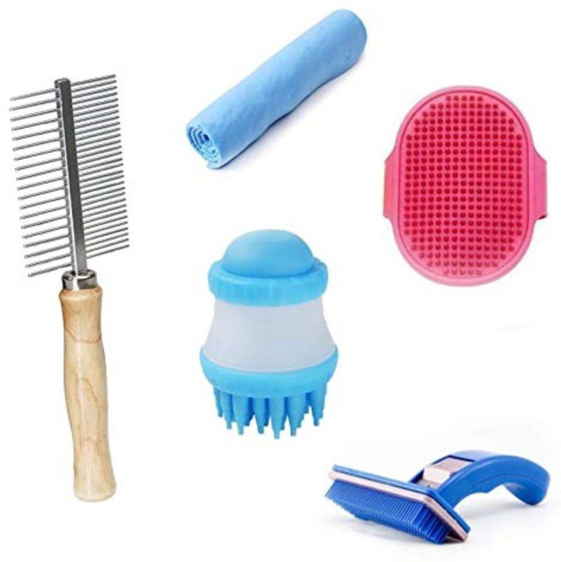 Pooch Box Palm Gloves | Plain Towel |Shampoo Dispensor | Auto Slicker Blue| Wooden Handle Comb Pet Spa Kit
