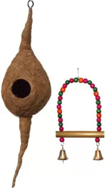 KAPOOR PETS Coconut Bird Nest with Chewing Toys-Hanging Bird Cage Toys Suitable for Small Parakeets, Cockatiels, Conures, Finches, Budgie, Macaws, Parrots, Love Birds(Combo Pack with Nest) Bird House (Hanging, Tree Mounting) Bird House  (Hanging)