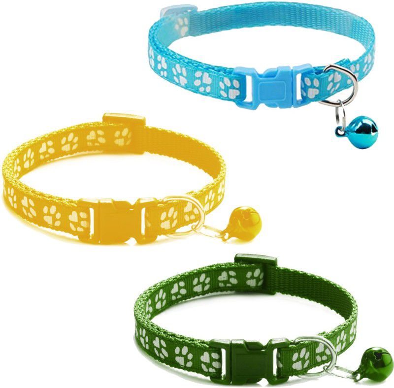 Litvibes Cat collars Set of 3 with bell,Kitten and small dogs soft adjustable collar safe,solid and protection breakaway for cats and puppies,cute kitty neckband with Paw print- (Yellow,Dark Green,Light Blue) Cat Everyday Collar  (Small, Multi)