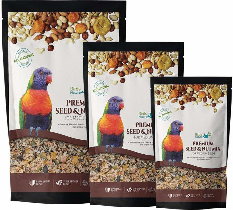 BirdsNature Premium Seed & Nut Mix Food for Medium Birds,Cockatiels,Caiques,Small Conure,Lories and Lorikeets,Poicephalus,Love Birds,Quaker Nuts 0.5 kg (3x0.17 kg) Dry Young Bird Food