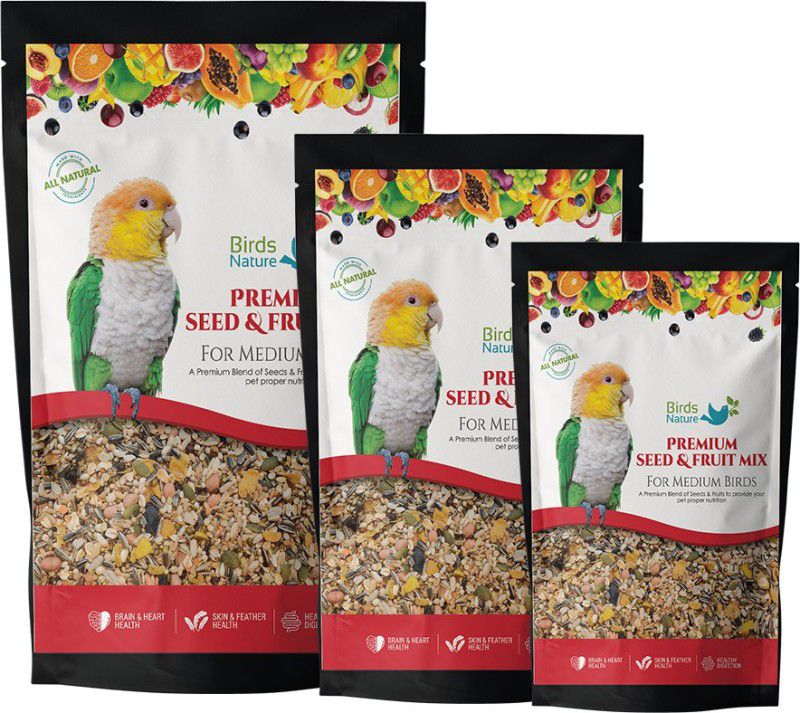 BirdsNature Seed & Fruit Mix for for Medium Birds,Cockatiels,Caiques,Small Conure,Lories and Lorikeets,Poicephalus,Love Birds,Quaker Fruit 2.5 kg (3x0.83 kg) Dry Young Bird Food