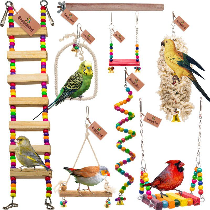 GREENBIRDS Combo Of 8 Bird Toys Swing, Perches, Foraging Shredder Toys For Bird & Parrot Wooden Chew Toy, Training Aid, Perch For Bird