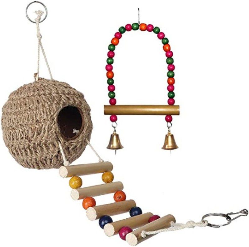 KAPOOR PETS Bird Nest with Chewing Toys-Hanging Bird Cage Toys Suitable for Small Parakeets, Cockatiels, Conures, Finches, Budgie, Macaws, Parrots, Love Birds(Combo Pack with Nest) Bird Play Stand