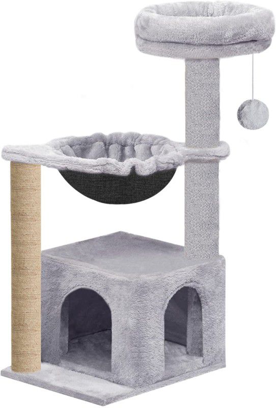 Hiputee Soft Fur Condo Activity Cat Tree -Natural Sisal Scratching Post Hanging Hammock Free Standing Cat Tree