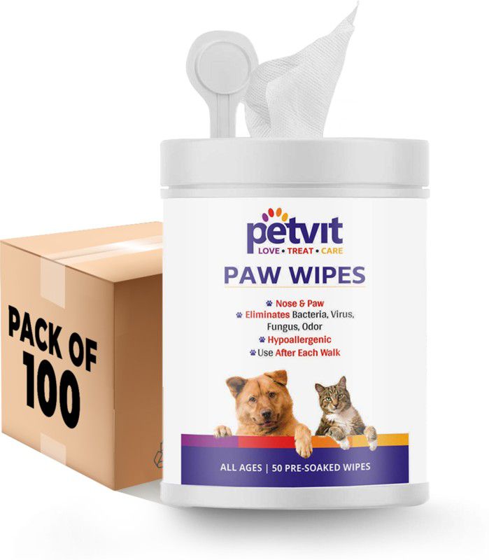 Petvit Nose And Paw Wipes For Eliminates Fungus -Fragrance Less 50 Wipes (Pack of 100) Pet Ear Eye Wipes  (Pack of 50)