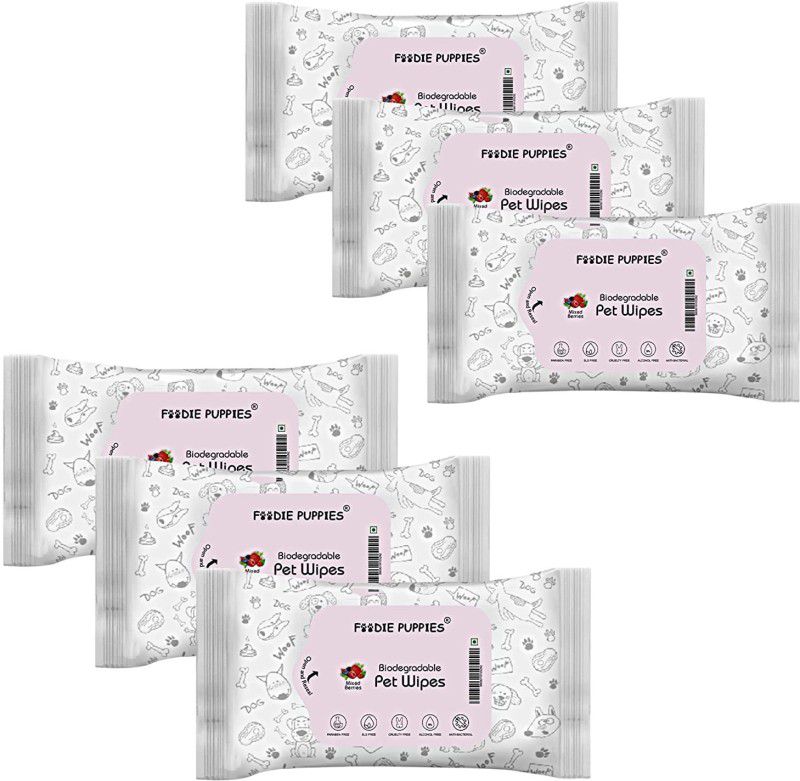 Foodie Puppies Biodegradable Pet Wet Wipes for Dogs with Mixed Berries Scent - 10 Wipes Each Pet Ear Eye Wipes  (Pack of 6)