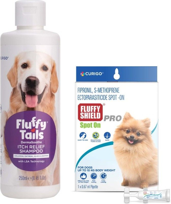 FluffyTails Combo pack-FluffyTails Itch Relief Shampoo and FluffyShield Pro Spot On-0.67 mL 251 ml Pet Coat Cleanser  (Suitable For Cat, Dog, Guinea Pig, Rabbit)