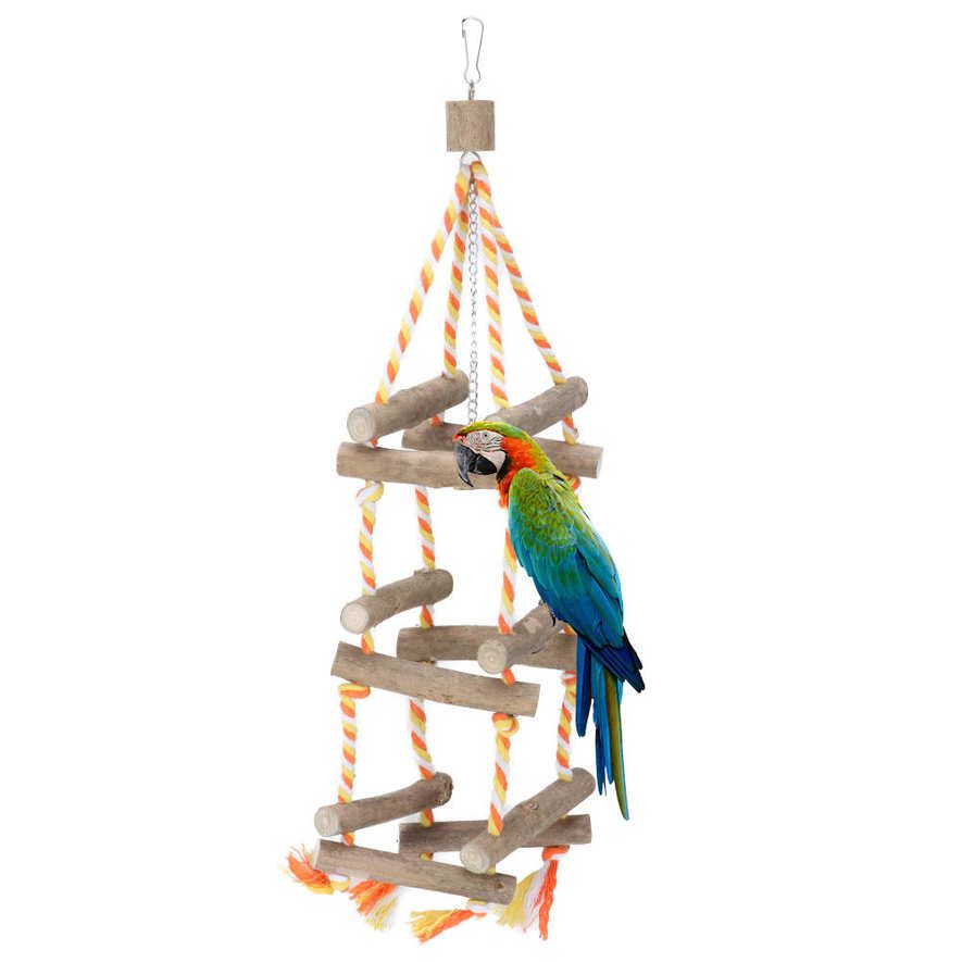 Bird Toy Three Layers Pet Wooden Stand Swing Hanging Bridge with Cotton Rope for Parrot Resistance to Bite