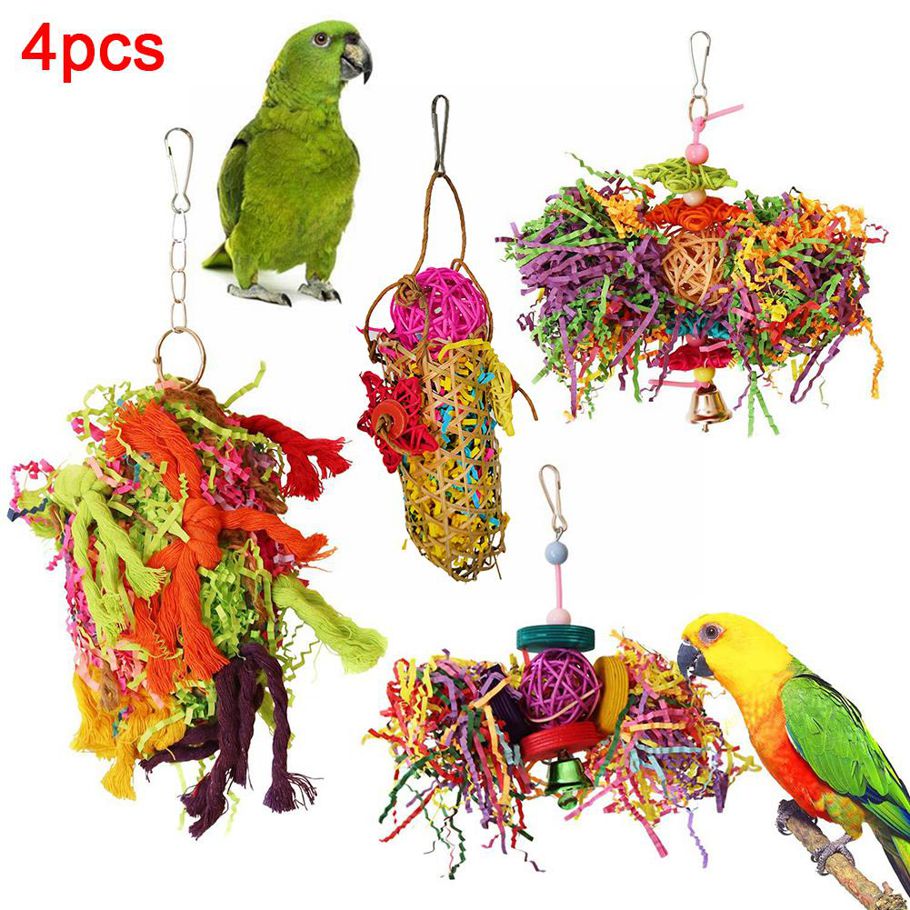 4Pcs Bird Parrot Bell Cotton Rope Blocks Ball Hanging Cage Decor Chew Pet Toy