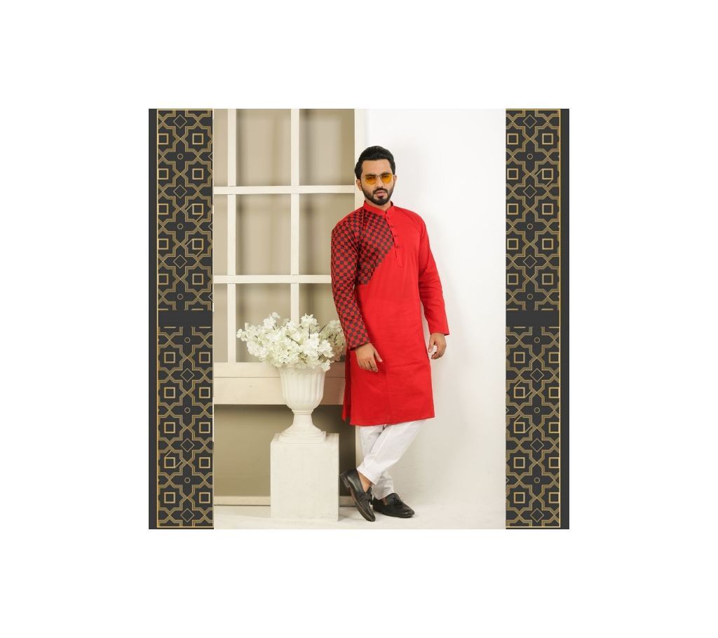Stylish Semi Long Panjabi Red With Black One Hand Side Design Color