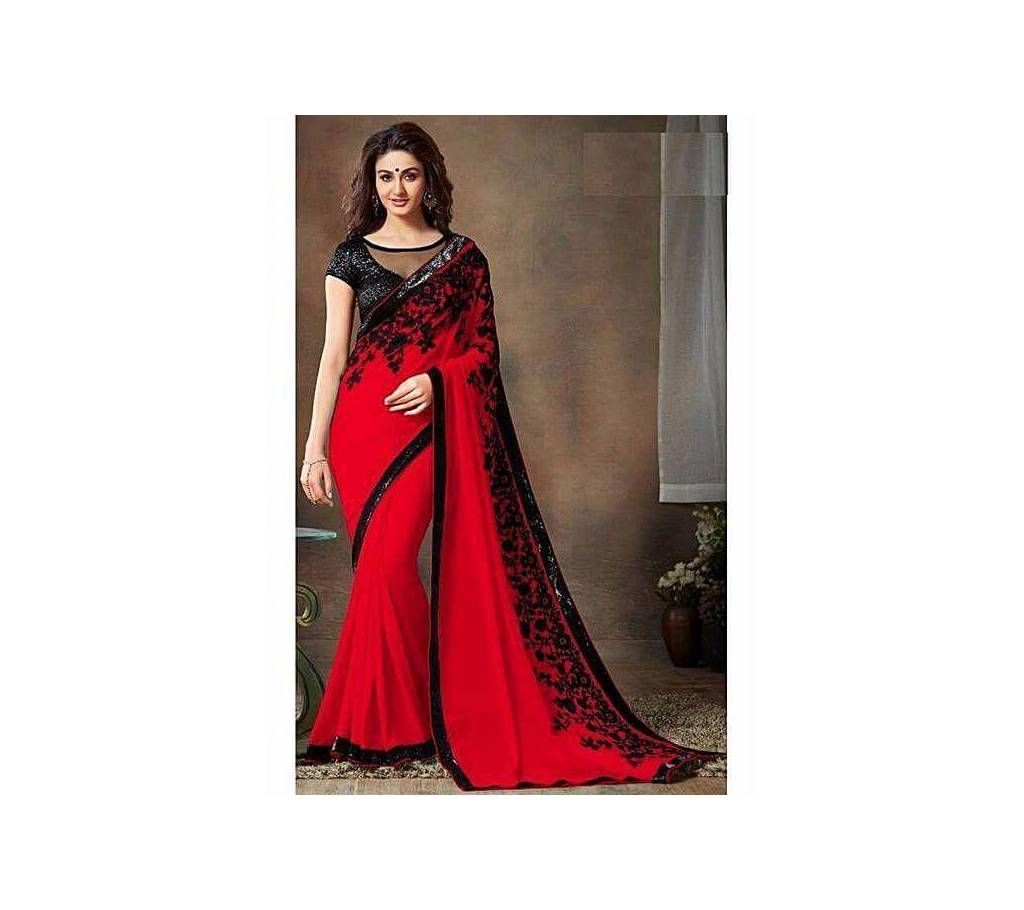 Red Embroidered Designer Soft Party Wear Saree