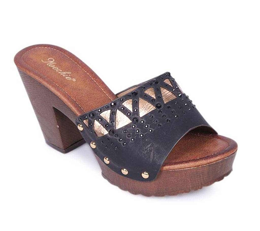 Moochie Black Ladies Leather Heel Sandal