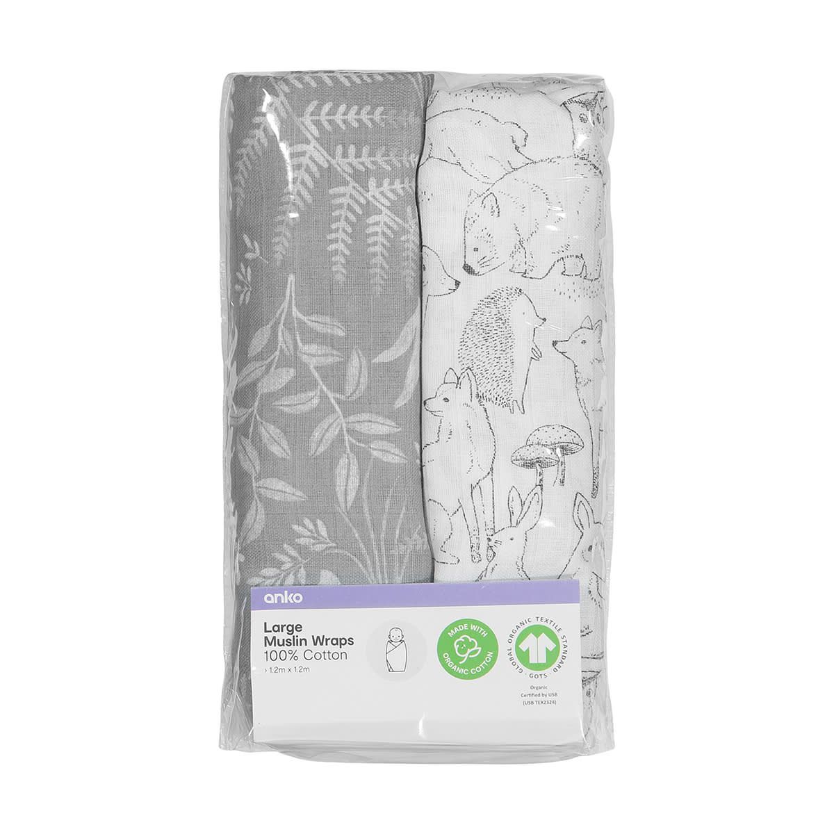 2 Pack Large Organic Cotton Muslin Wraps - Woodlands