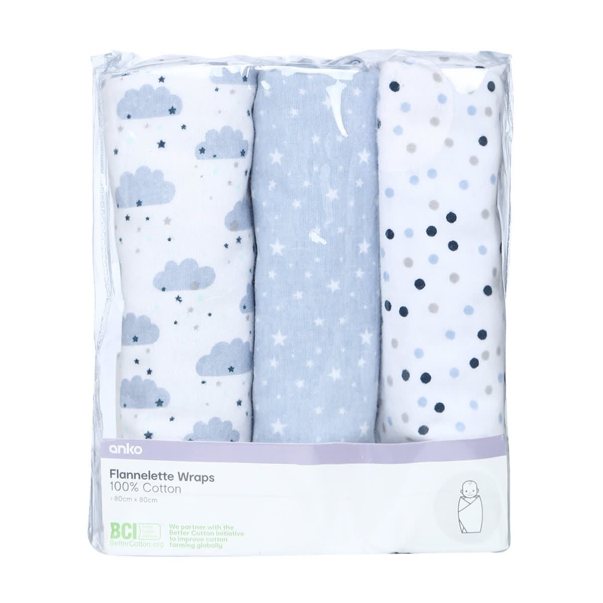 3 Pack Flannelette Wraps - Blue Confetti