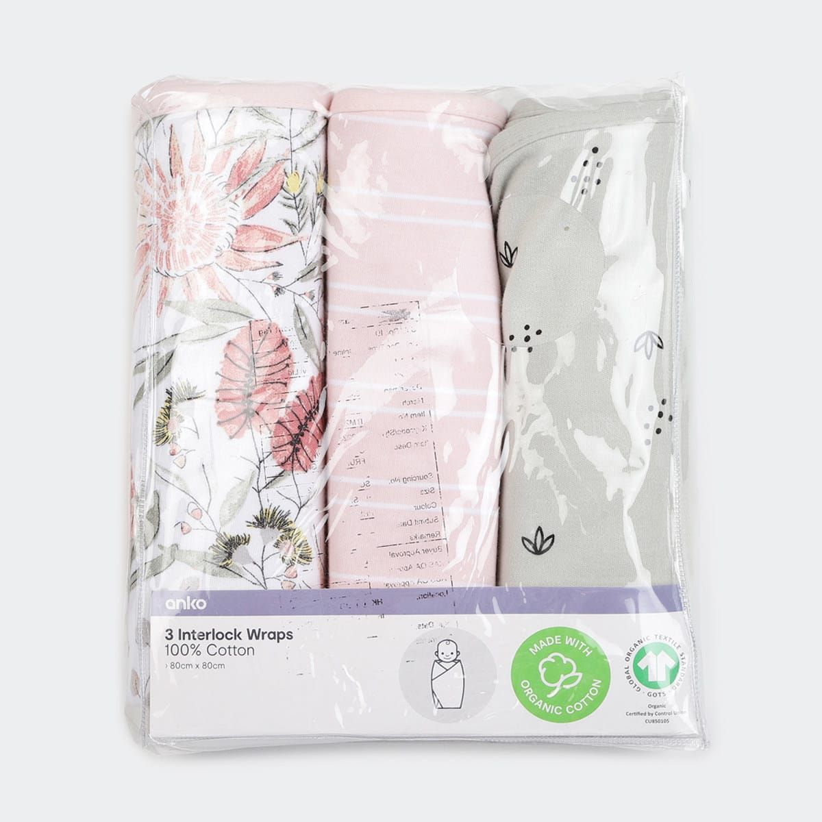 3 Pack Organic Cotton Interlock Wraps - Floral