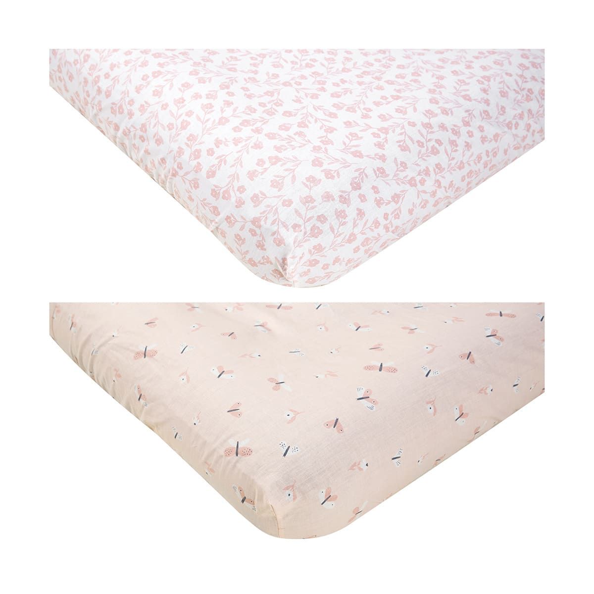 2 Pack Fitted Cotton Cot Sheets - Butterfly