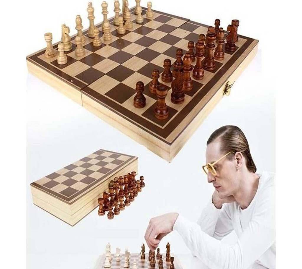 Wood Combination Chess Game Set With Folding Carrying Case