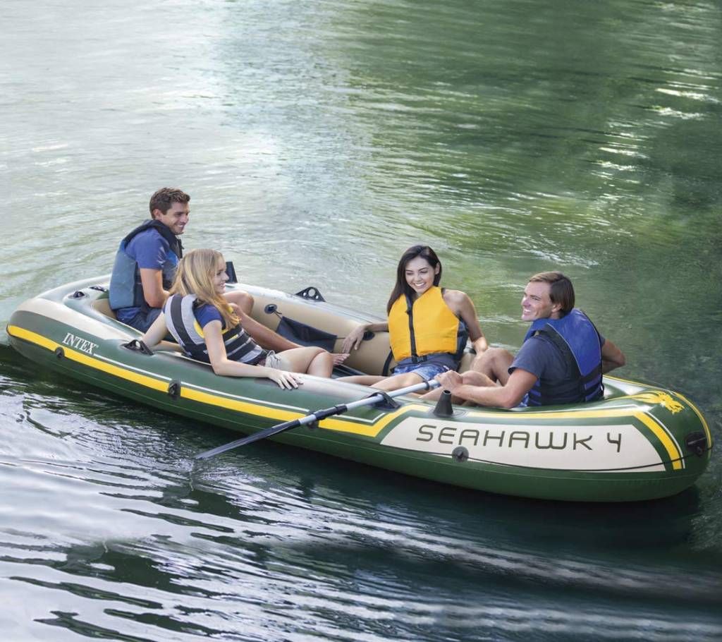 Intex Seahawk 4, 4-Person Inflatable Boat Set with Aluminum Oars and High Output Air Pump
