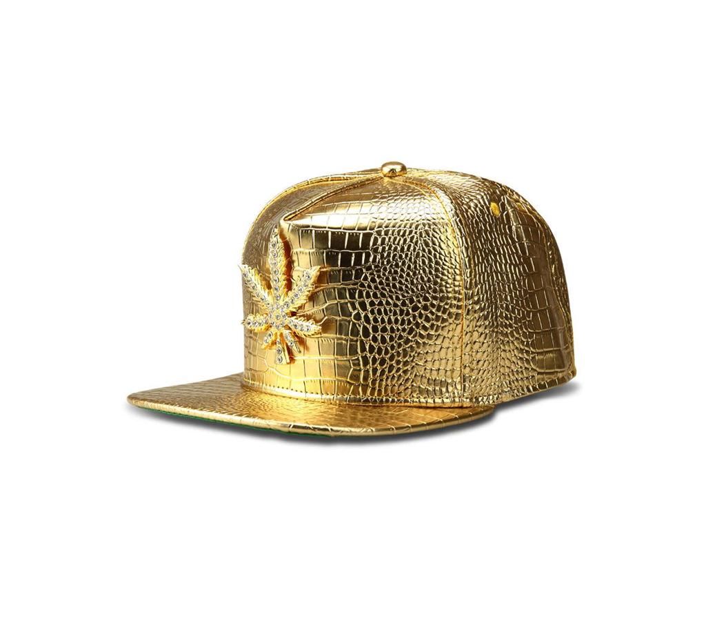 Weed Logo Golden Leather Dj Cap for Men